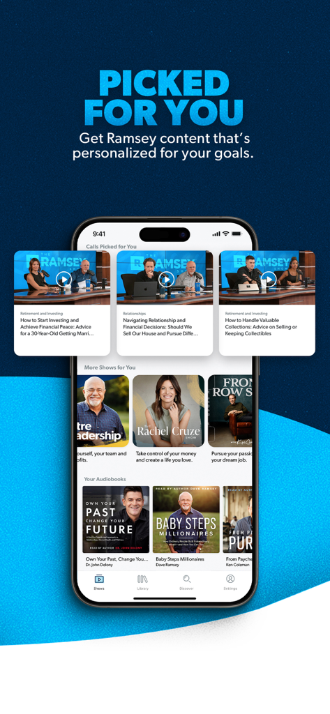 Interface of Ramsey Network app displaying personalized podcast episodes and financial audiobooks