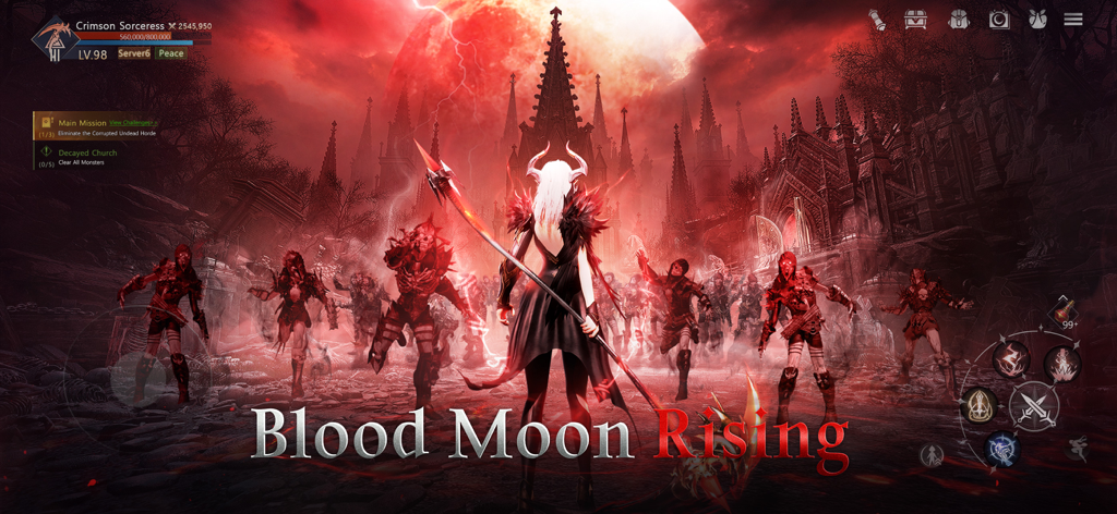 Age of Ashes: Dark Nuns DE - Crimson Sorceress facing an undead horde under a blood moon in front of a dark gothic cathedral