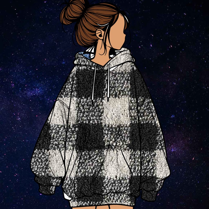 realistic girl with a oversized sweatshirt on and a bun