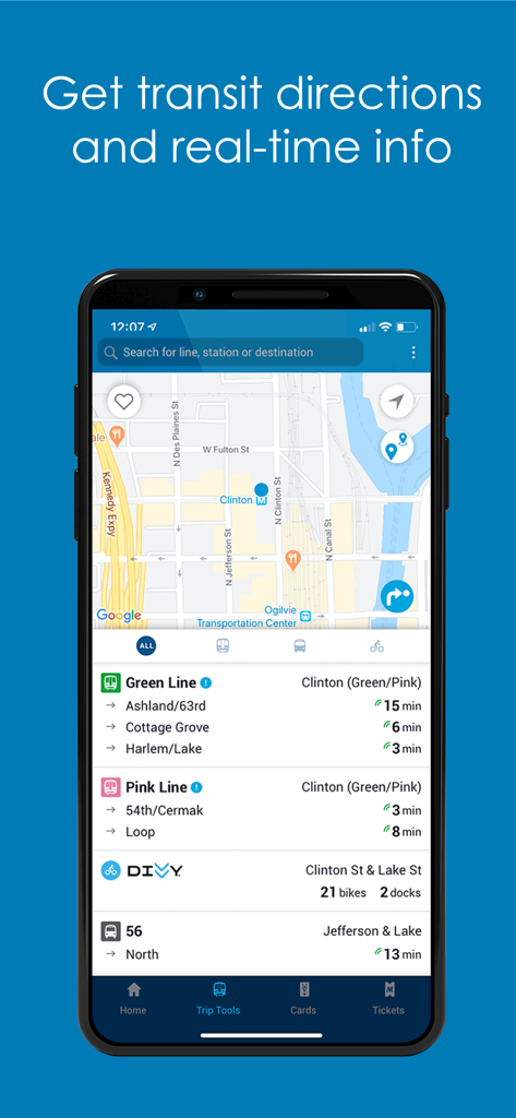 Ventra - Ventra app interface showing a Chicago transit map and real-time arrival predictions for the Green and Pink train lines.