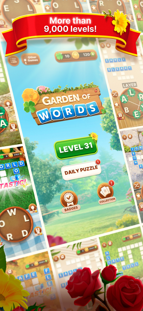 Main menu and puzzle levels of the Word Garden Crosswords mobile game with a floral theme.