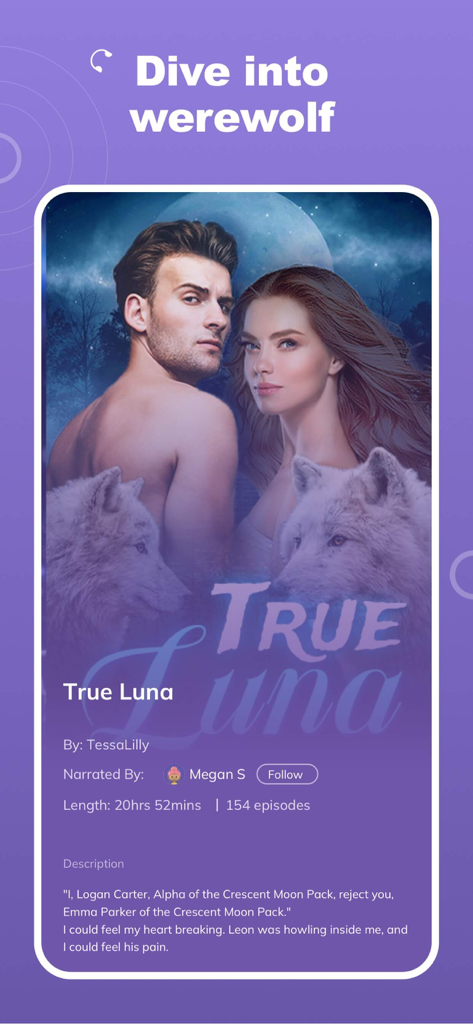 Screenshot of the Wehear app showing details for the True Luna werewolf romance audiobook by TessaLilly.