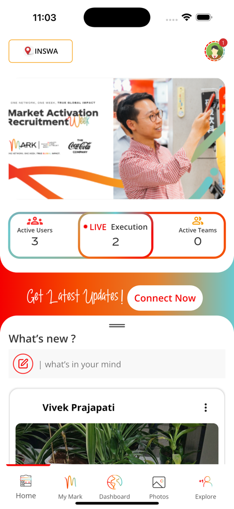 KO MARK - KO MARKモバイルアプリのホーム画面。市場活性化統計とソーシャルフィードが表示されています。