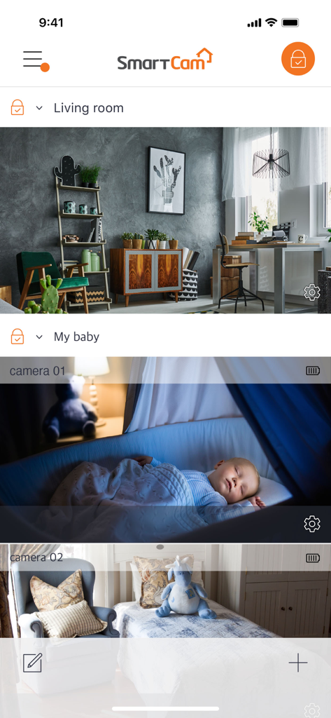 App-Bildschirm mit mehreren Kamera-Feeds für Heimsicherheit und Babyüberwachung