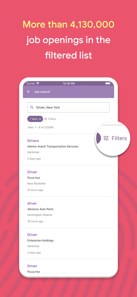 App mobile Jobsora che mostra un elenco di offerte di lavoro per autista a New York con un'evidenziazione dei filtri di ricerca.