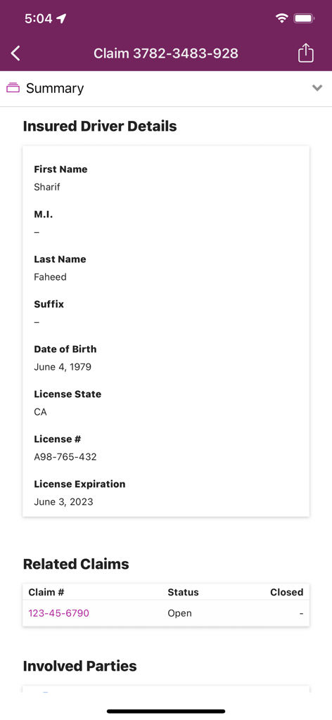 Appian for Intune mobile interface displaying insurance claim details and insured driver information.