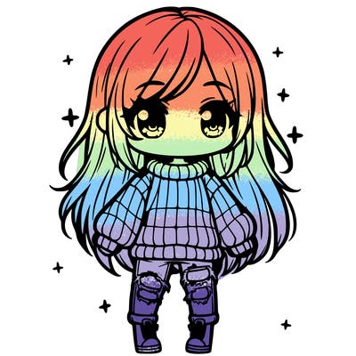 chibi girl with ripped jeans,long hair, and an oversized sweater