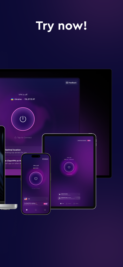 ClearVPN - Secure and Fast VPN - iPhone、iPad、MacBookに表示されたClearVPNアプリケーションインターフェース。