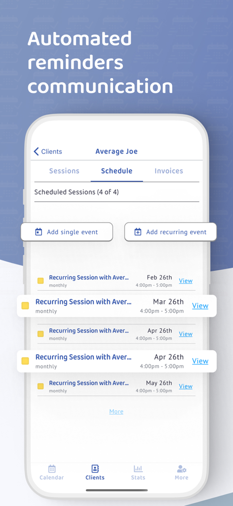 Session Tracker app interface showing a client schedule with automated recurring session reminders