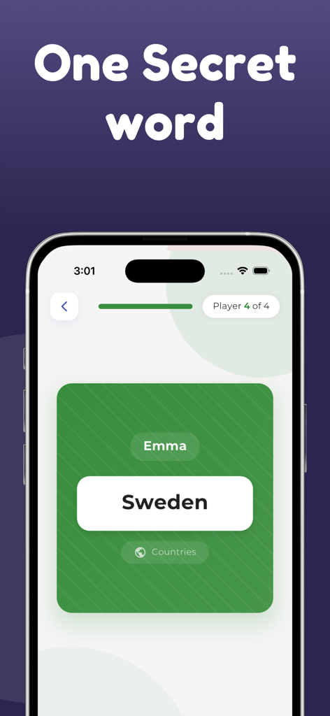 Ein Smartphone-Bildschirm aus dem Imposter Game, der das geheime Wort Schweden unter der Kategorie Länder zeigt