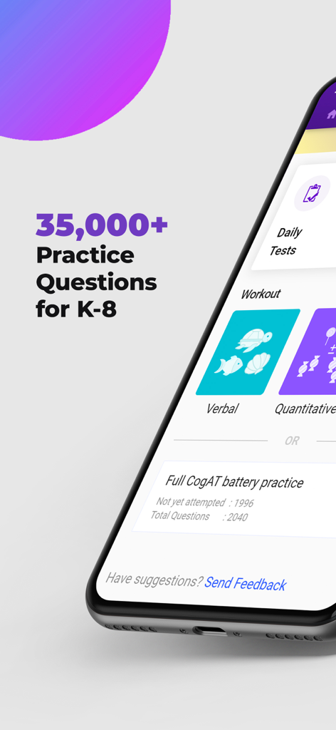 Écran de smartphone montrant l'interface de l'application Gifted avec plus de 35000 questions d'entraînement pour les examens CogAT CCAT et OLSAT pour les classes de la maternelle à la 8e année