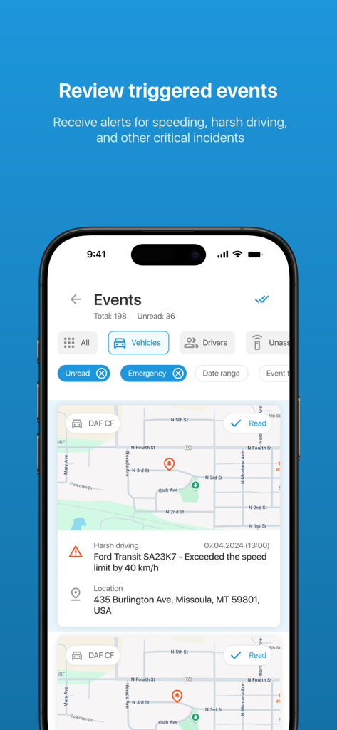 X-GPS Mobile - Captura de pantalla de la aplicación X-GPS Mobile que muestra una lista de eventos de flota activados como exceso de velocidad y conducción brusca con ubicaciones en el mapa