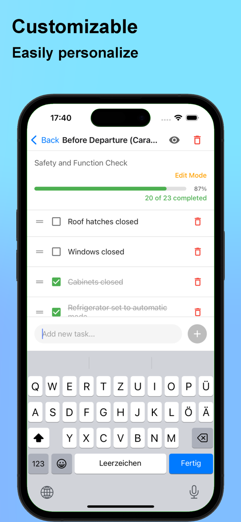Camping Checker - Checklists - Smartphone screen showing a customizable camping departure checklist in the Camping Checker app