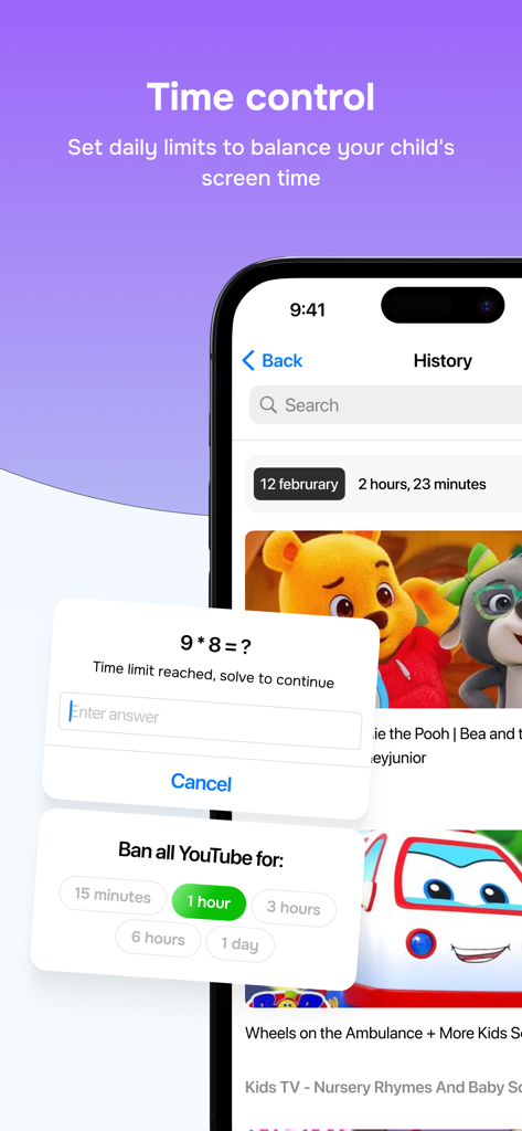Interfaccia dell'app Kids TV che mostra limiti di tempo di utilizzo e cancello matematico parentale.
