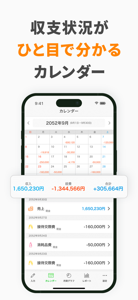 白色申告の確定申告・会計アプリ Kaikei Lite - Tela do aplicativo Kaikei Lite mostrando um calendário mensal com renda e despesas diárias resumidas para solopreneurs.