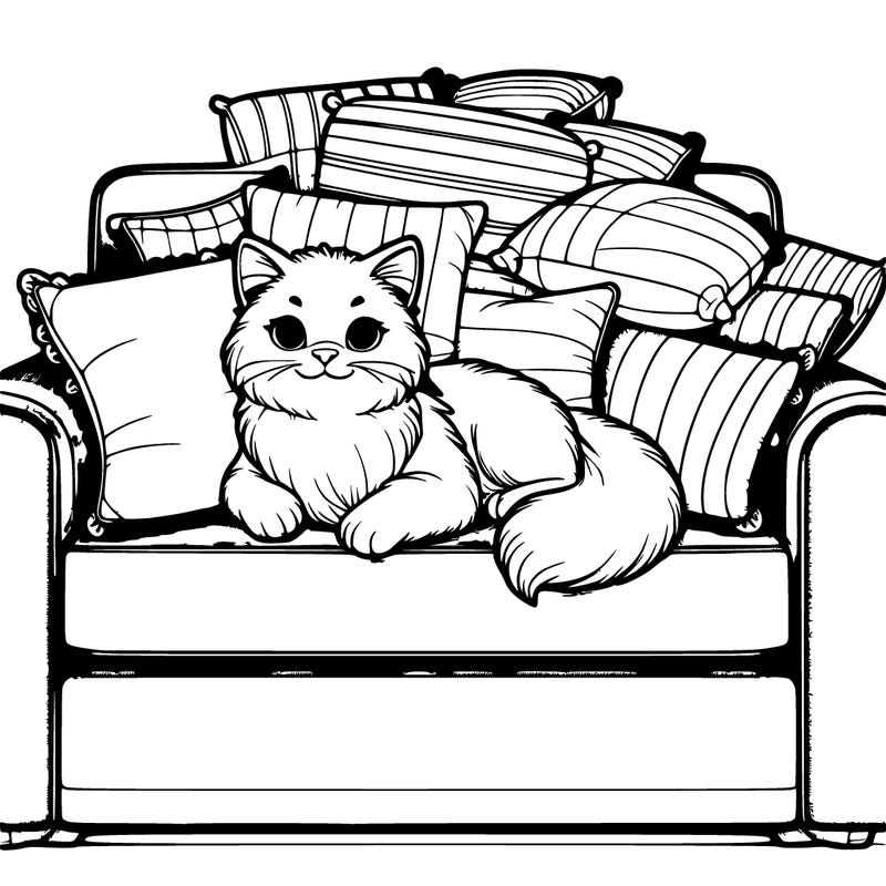 realistic cat on a coach with many pillows