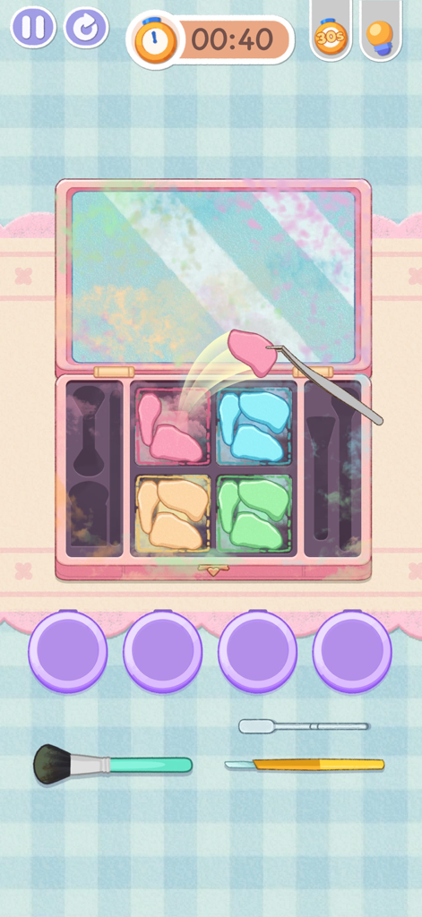 Tidy Up - Satisfeel ASMR - Una pantalla del juego Tidy Up Satisfeel ASMR que muestra una paleta de maquillaje siendo organizada con pinzas y coloridas piezas cosméticas.