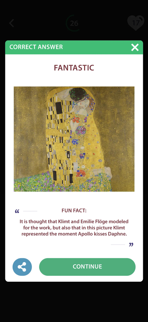 Art Challenge: Quiz Game - Pantalla de respuesta correcta en Art Challenge Quiz Game mostrando la pintura El Beso de Gustav Klimt
