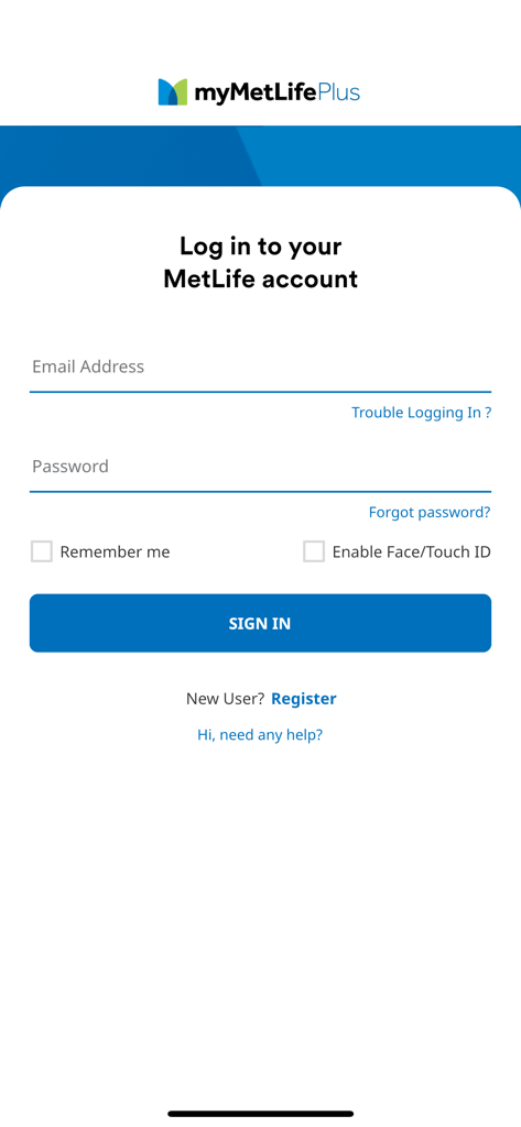 myMetLife Plus - The login page of the myMetLife Plus mobile app showing email and password input fields with an option for biometric login.