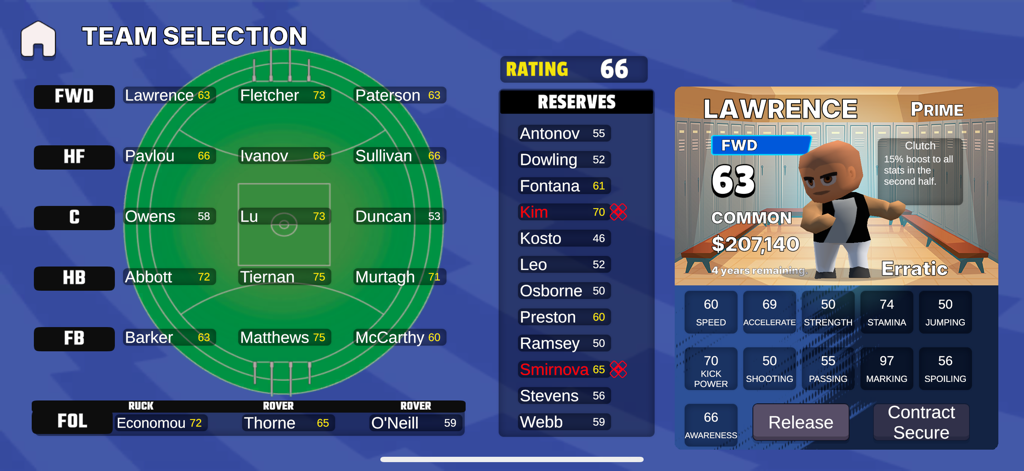 Footy Mayhem - Footy Mayhem team selection screen showing the field lineup and a detailed player statistics card for management.