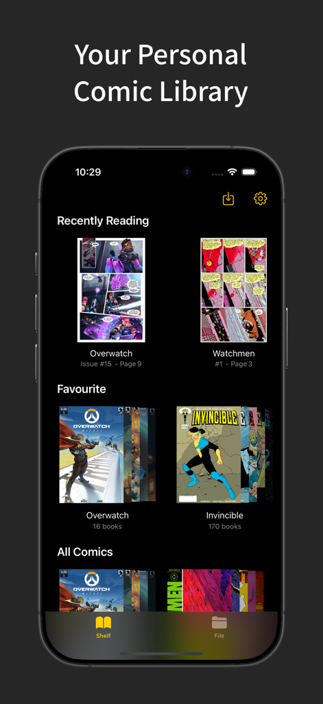 Interface of Comic and Manga app showing personal comic library with categories for recently reading and favorites