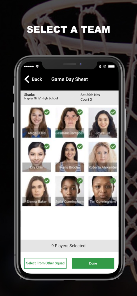 MyNetball Manager - Mobile app interface for selecting netball players on a game day teamsheet
