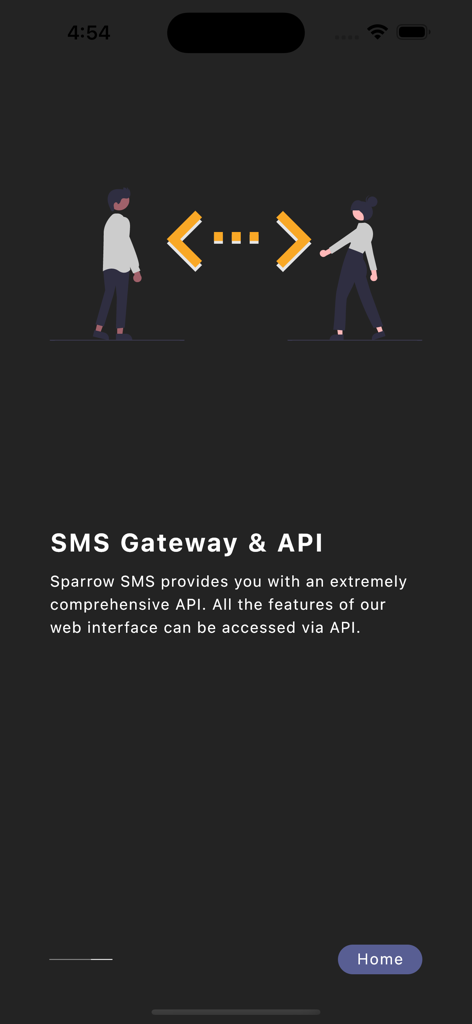 My Sparrow SMS - Onboarding screen of My Sparrow SMS app showing the SMS Gateway and API integration description