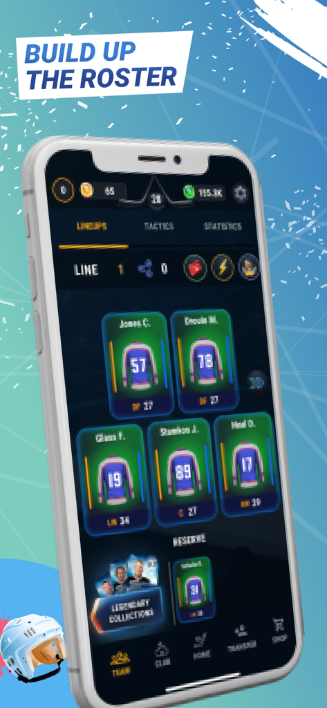 Big6: Hockey Manager NHL Stars - Big6 Hockey Manager app interface for building a team roster with player jersey cards