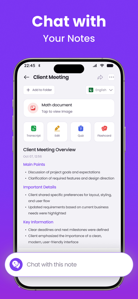 Transcribe  Ai - Note Taker - 会議の要約されたAIメモと、コンテンツと対話するためのチャット機能を表示するモバイルアプリインターフェース。
