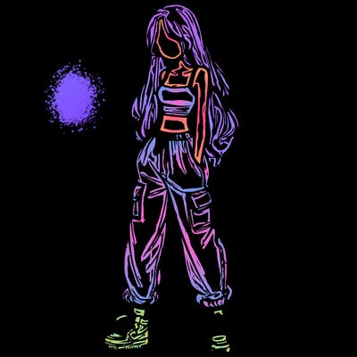 girl in baggy pants crop top and long hair