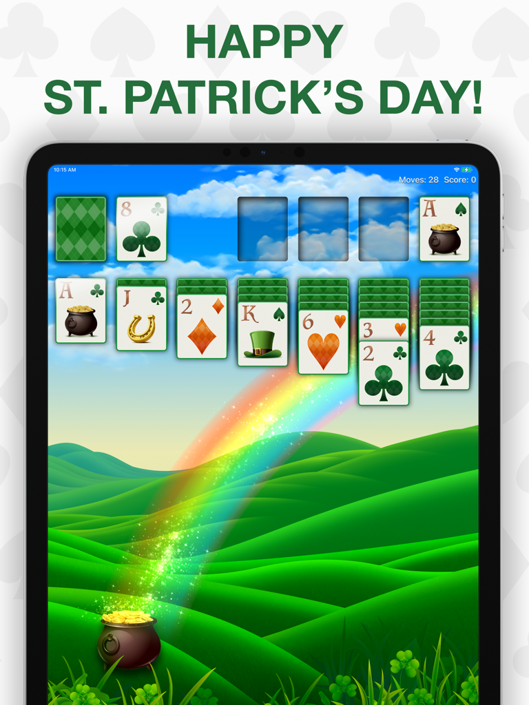 Real Solitaire for iPad - Solitaire Real para iPad apresentando um tema festivo de Dia de São Patrício com um arco-íris e um pote de ouro.
