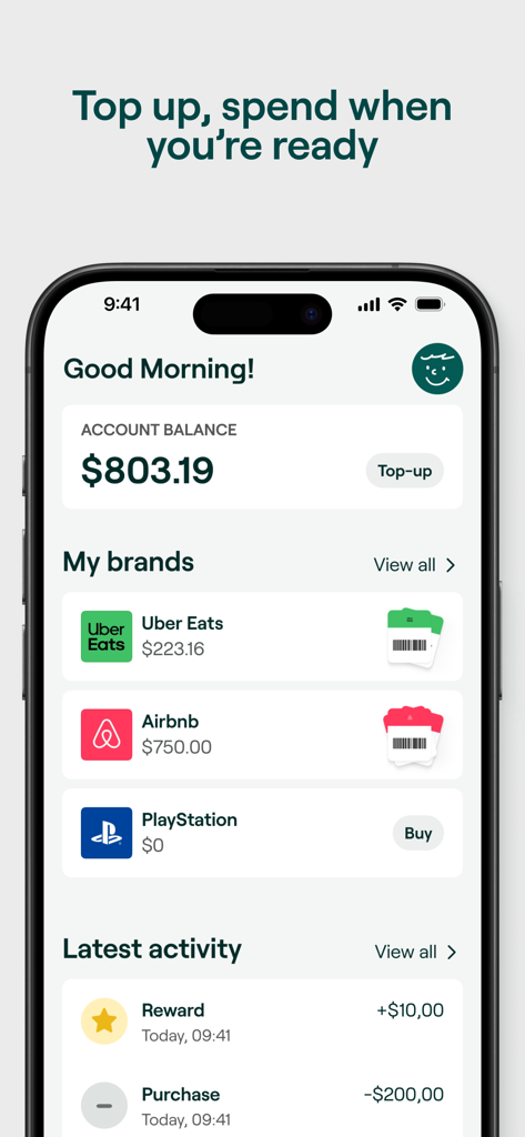 Bitrefill: Gift Cards & eSIM - Painel do aplicativo móvel Bitrefill mostrando saldo da conta e cartões-presente para Uber Eats e Airbnb
