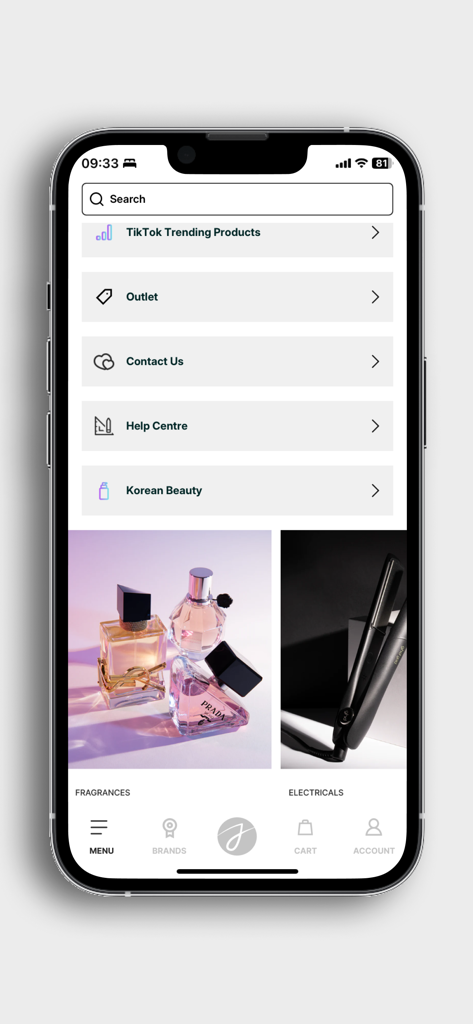 Justmylook - Justmylook mobile app menu screen displaying categories for fragrances, electricals, and TikTok trending products.