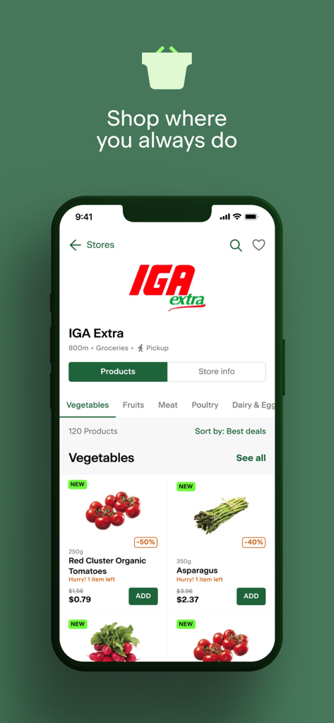 FoodHero app interface showing discounted organic tomatoes and asparagus at an IGA store