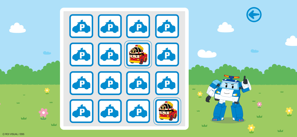 Robocar Poli New Adventures - A memory matching game in the Robocar Poli New Adventures app with Poli giving a thumbs up