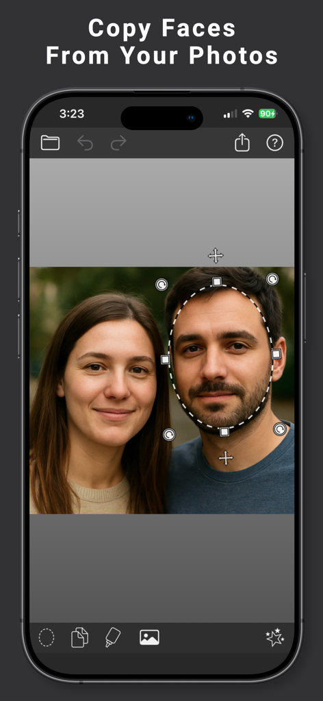 Facecopy: Face Swap Pic Editor - Facecopy app interface showing a dotted oval selection tool used to copy a face from a portrait of a couple.