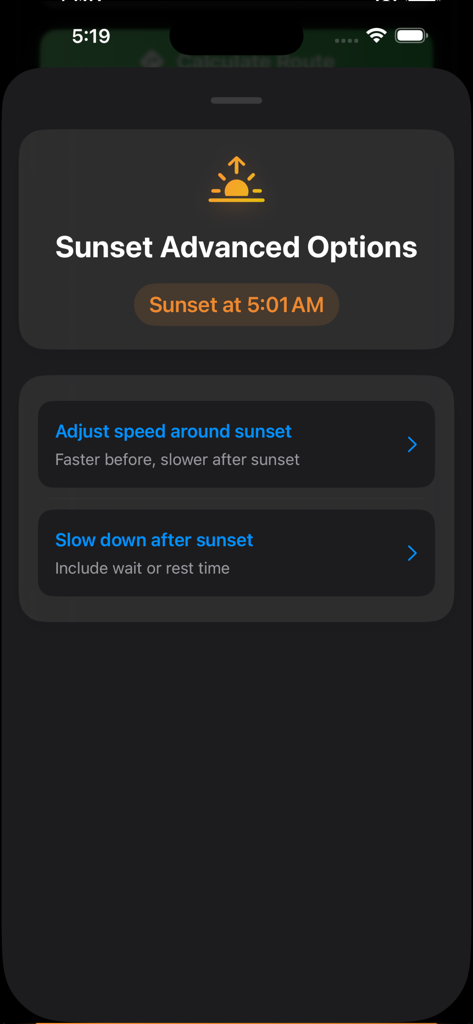 Pantalla de la aplicación Easy-ETA para ajustar la velocidad de conducción y los tiempos de descanso según la puesta de sol.