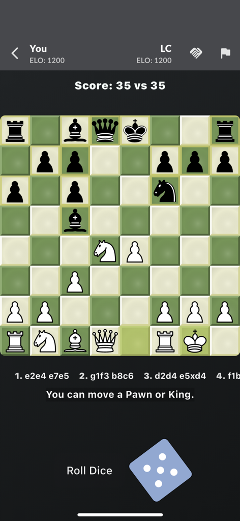 Ludo Chess: Roll the Dice - Ludo Chess gameplay screen showing a chess board and a dice roll result for piece movement