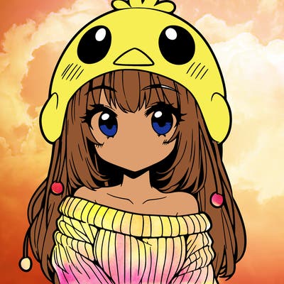 anime girl with chick shaped hat with sweater with bare shoulders with bangs covering them one eye with low tail