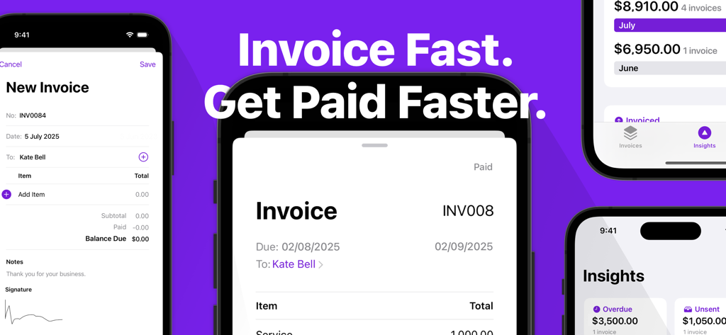 Invoices: Simple Invoice Maker - Interface of the Simple Invoice Maker app on several iPhone screens