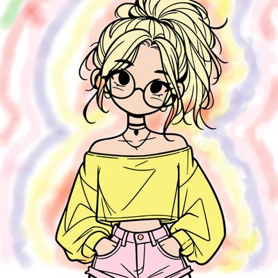 girl with a messy ponytail glasses a baggy crop top and jean shorts