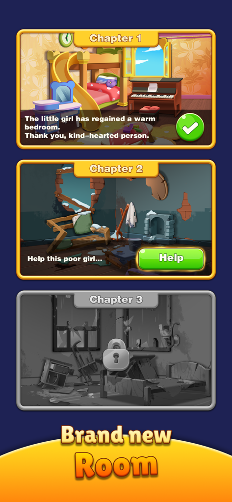 Tile Story - Match Life Puzzle - Story-Fortschrittsbildschirm in Tile Story, der die kapitelbasierte Raumrenovierung und narrative Ziele zeigt