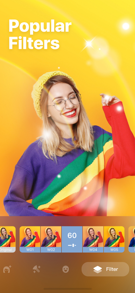 Facey: Face Editor &Makeup Cam - A woman in a rainbow sweater and yellow beanie posing with a bright yellow background and glowing filter effects in the Facey app
