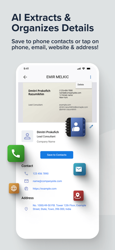 Interfaz de la aplicación móvil que muestra los detalles de contacto extraídos por IA de una tarjeta de presentación escaneada