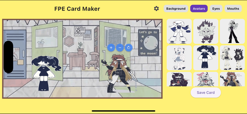 Custom character creation in FPE OC Maker with paper style avatars and backgrounds