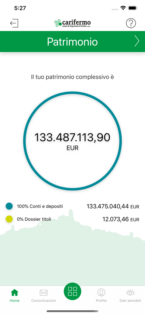 Carifermo Mobile - Carifermo Mobile app screen showing total asset balance and account breakdown in Euros