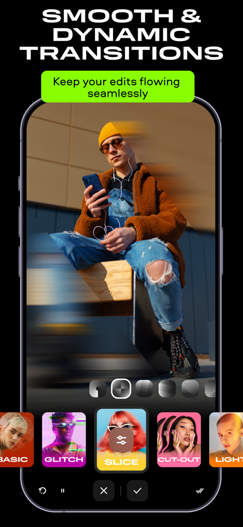 Movavi - Video Editor - Movavi video editor interface displaying dynamic transition effects for mobile creators