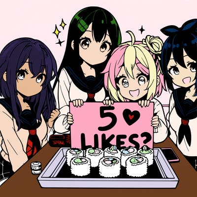 anime group of girls by sushi sign saying 5 likes?