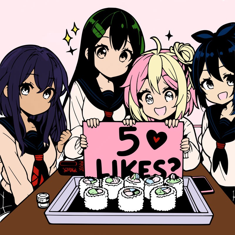 anime group of girls by sushi sign saying 5 likes?
