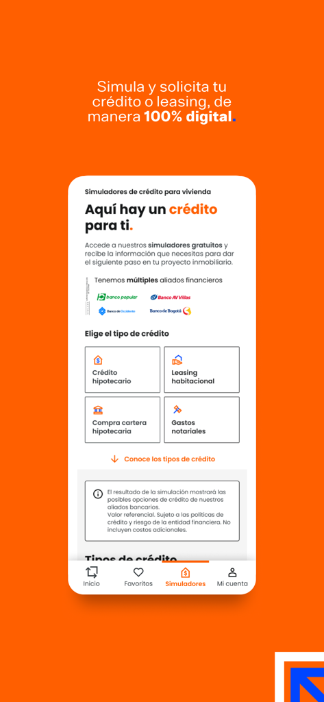 Metrocuadrado - Metrocuadrado app interface for simulating housing credits and digital mortgages in Colombia.